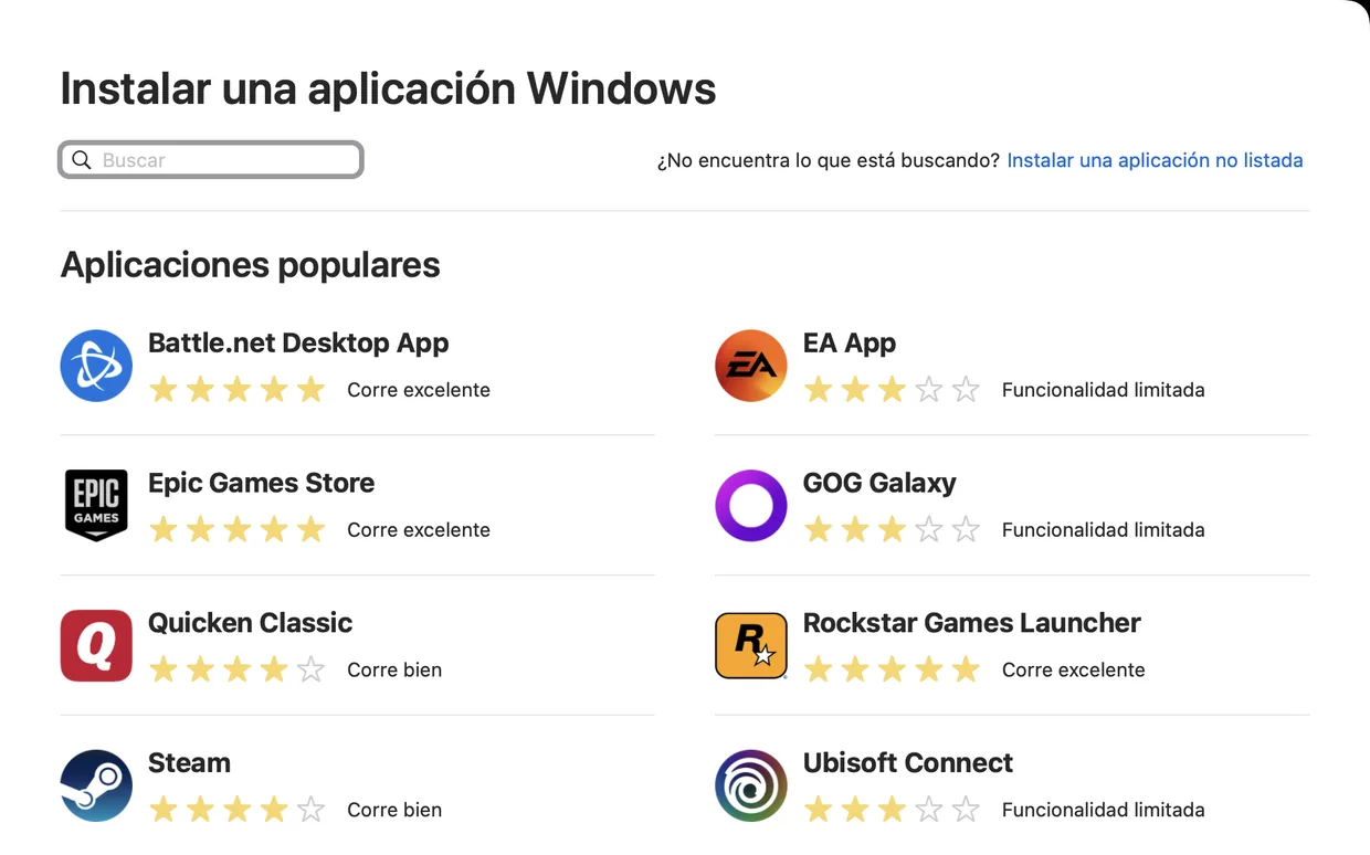 Catálogo de CrossOver con aplicaciones populares y sus notas