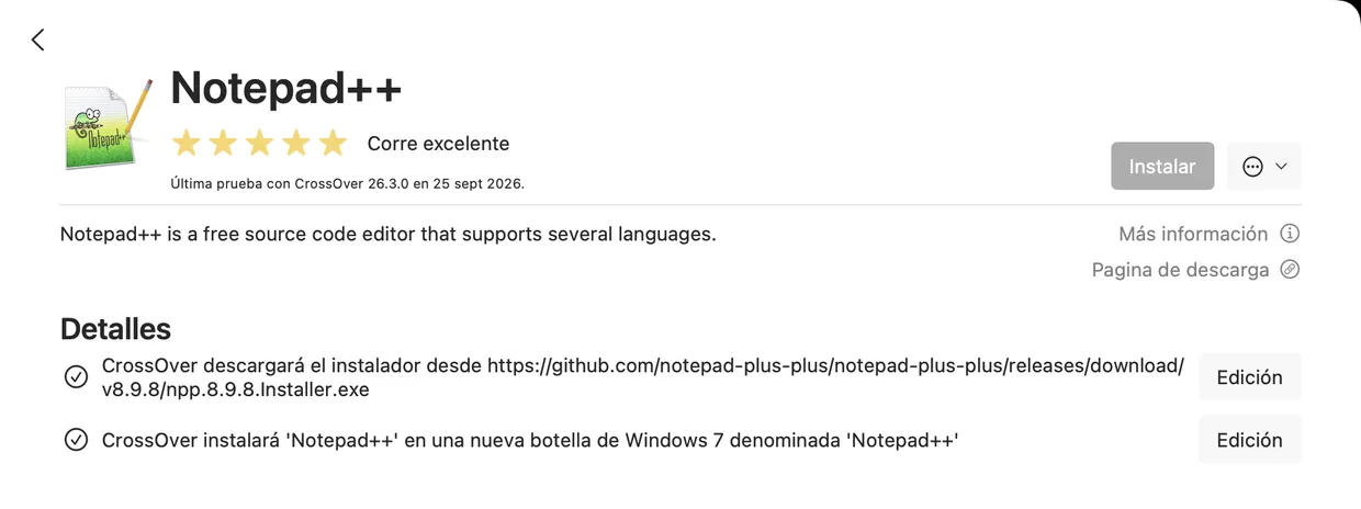 Ficha de Notepad++ en CrossOver con el botón Instalar