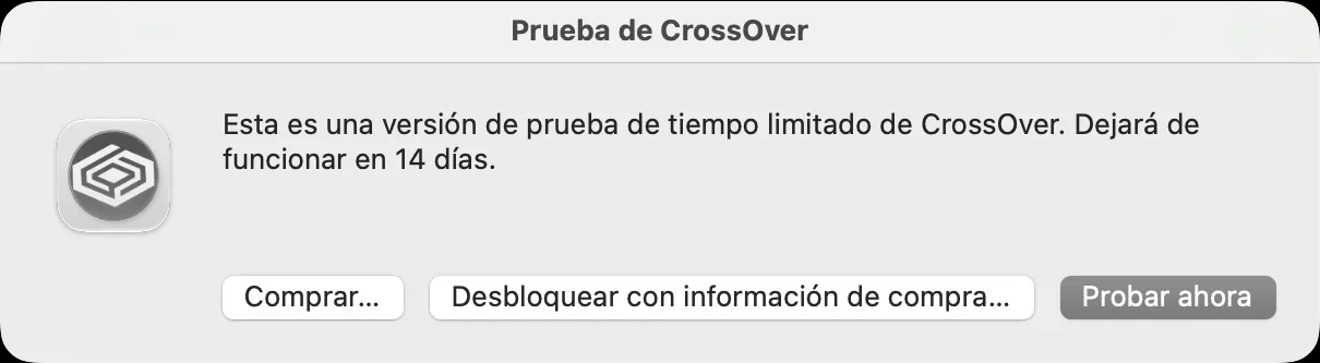 Aviso de la prueba de CrossOver con el botón Probar ahora