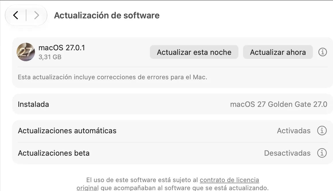 Actualización de software ofreciendo macOS 27.0.1