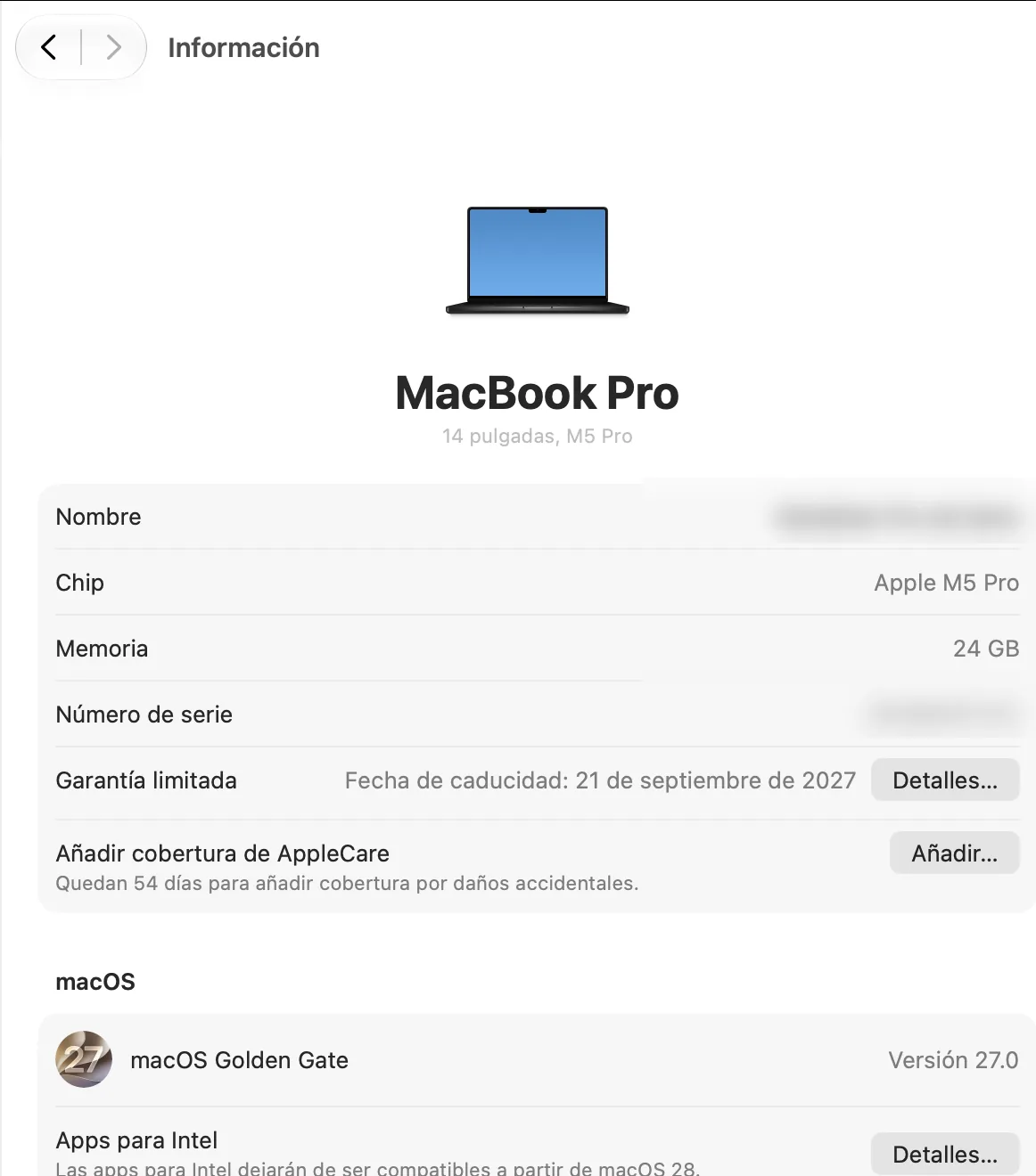 Ajustes del Sistema, Información, con las líneas Chip, Memoria y macOS