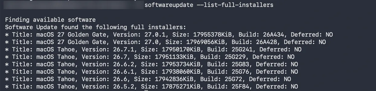Terminal con la lista de instaladores completos de macOS
