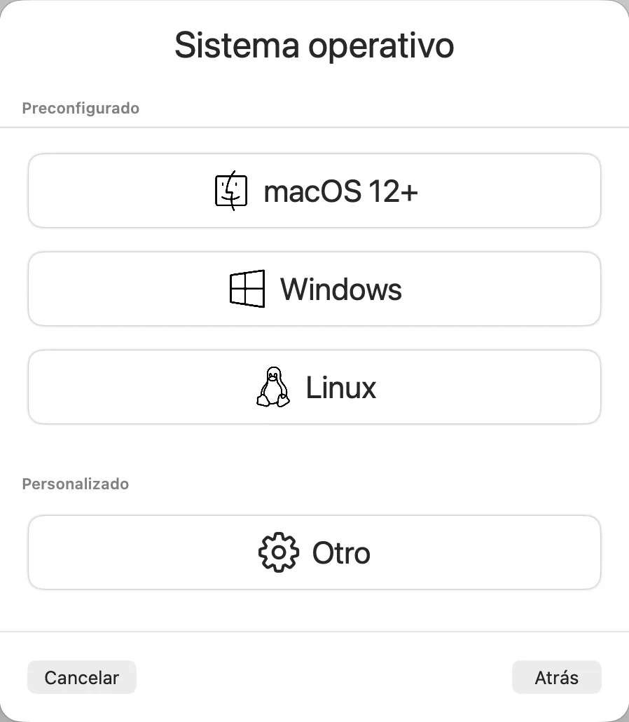 Asistente de UTM en la pantalla Sistema operativo con Linux marcado